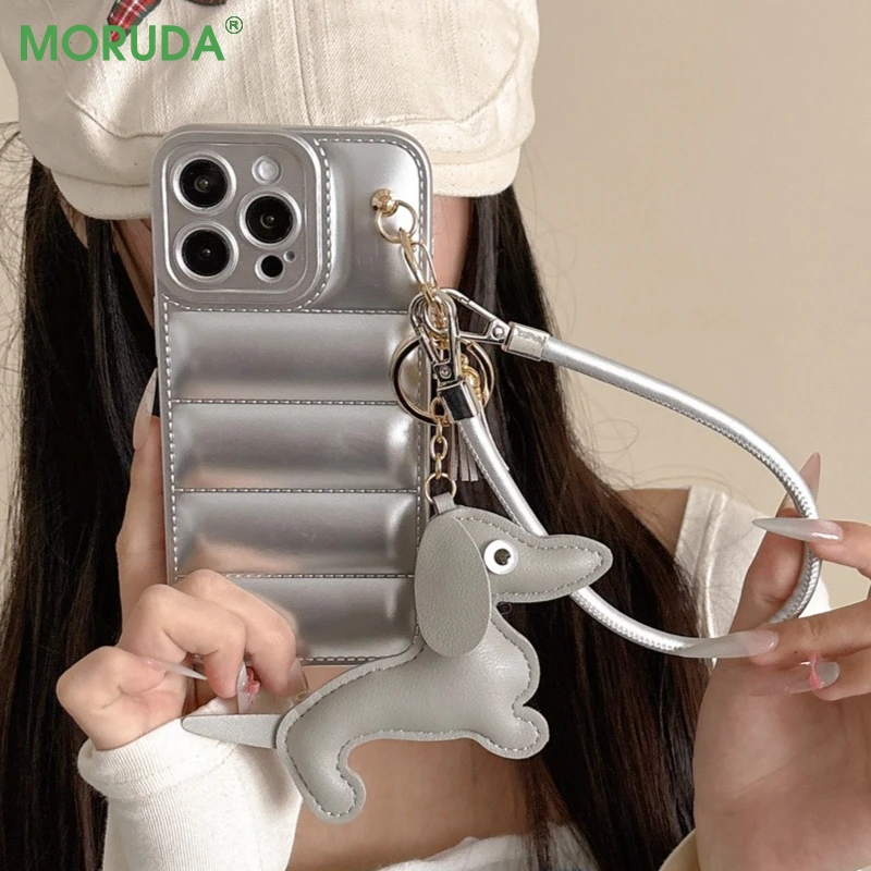 

Чехол-ремешок с 3D-пуховиком и милой собакой для iPhone 16, 15, 14, плюс 13, 12, 11 Pro Max X XR Xs Max, роскошный кожаный противоударный мягкий чехол
