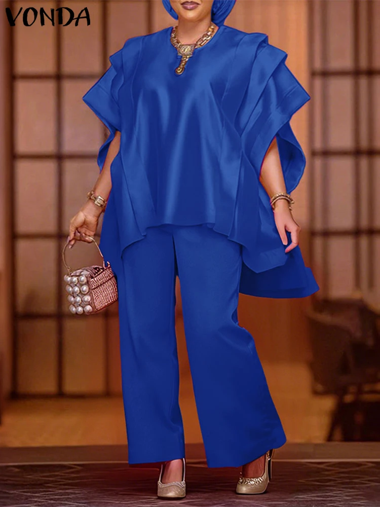 

VONDA Summer Sets Women Satin Solid Office Lady Pant Sets 2025 Fashion Short Sleeve Pleated Tops and Long Pants Elegant Outfits