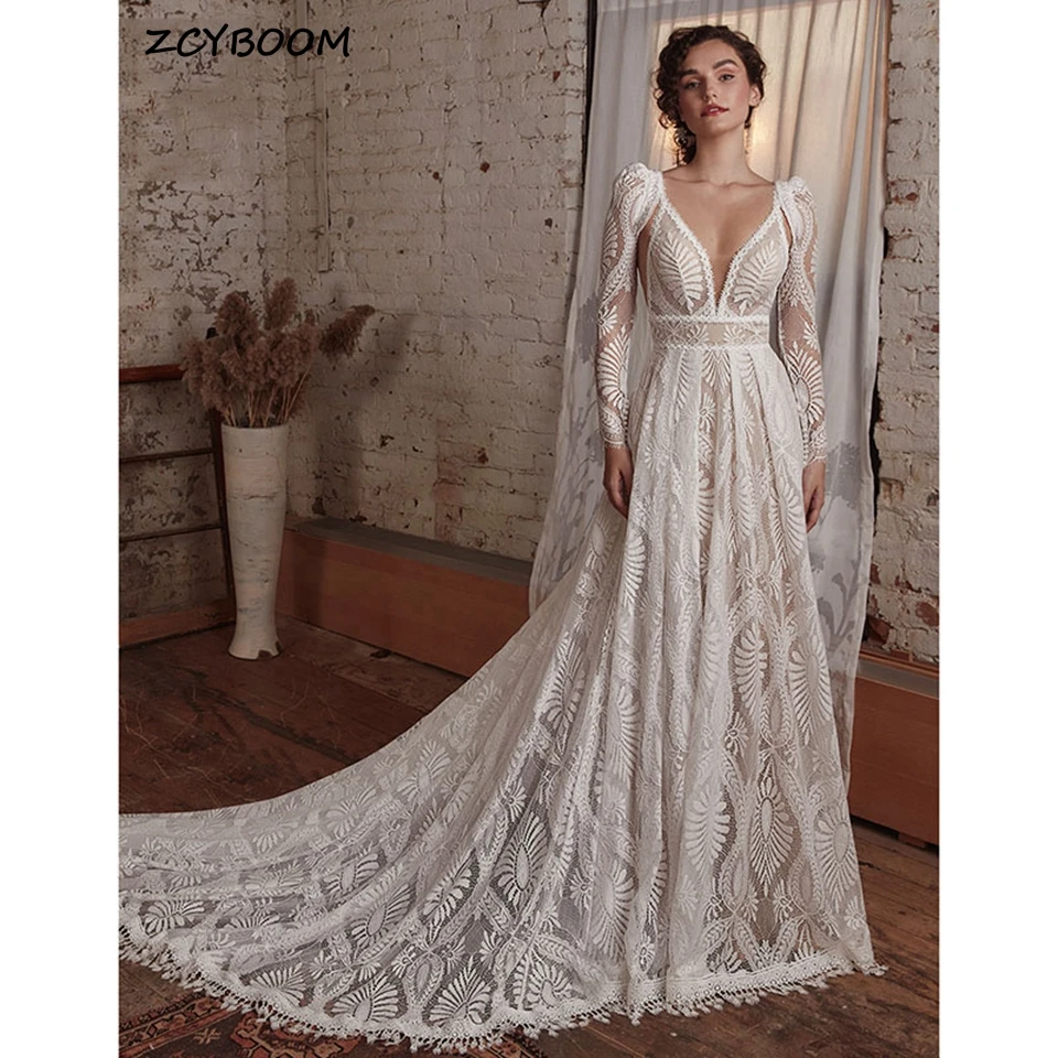 Sexy V-Neck Spaghetti Straps Lace Zipper Wedding Dress 2025 Boho A-Line Floor Length Sweep Train Custom Made Bridal Gown