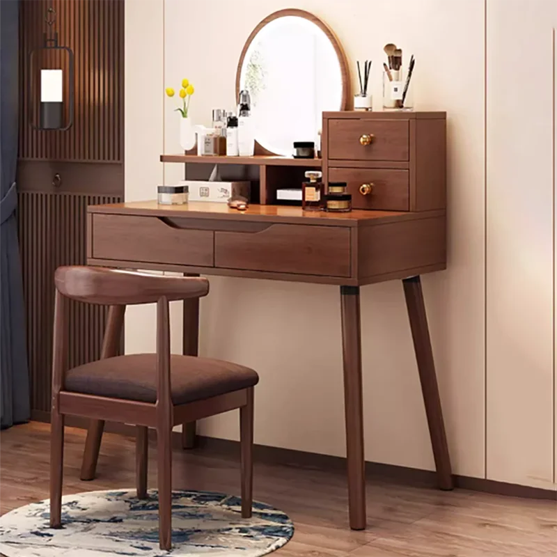 Luxury Wooden Vanity Table Premium Drawer Modern Makeup Vanity Table Simple Round Mirror Tocadores Maquillaje Home Furniture