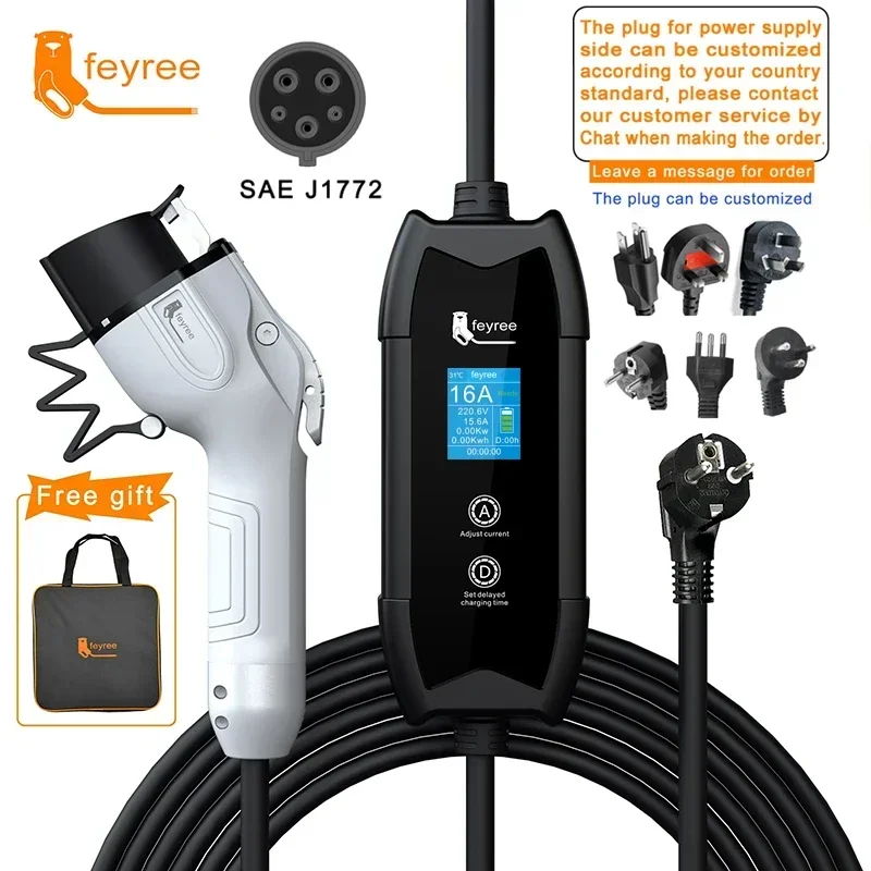 feyree EV Portable Charger Type2 / GB/T Plug Connector 16A 1Phase 3.5KW Type1 3.5m Wallbox Charging Station for Electric Vehicle