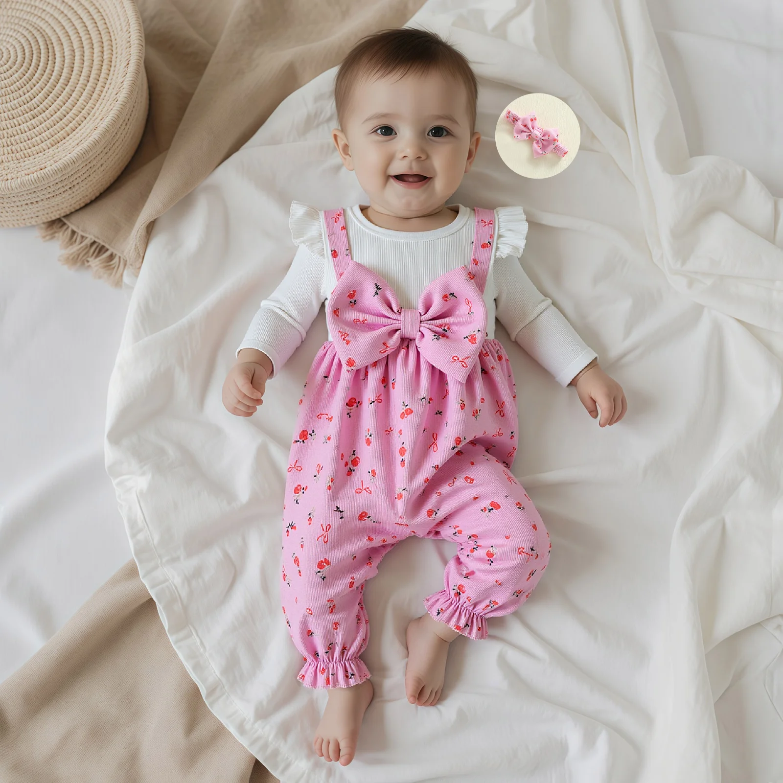 Tenue d'automne pour bébé fille, combinaison à manches longues avec imprimé nœud floral et bandeau, vêtements pour bébé