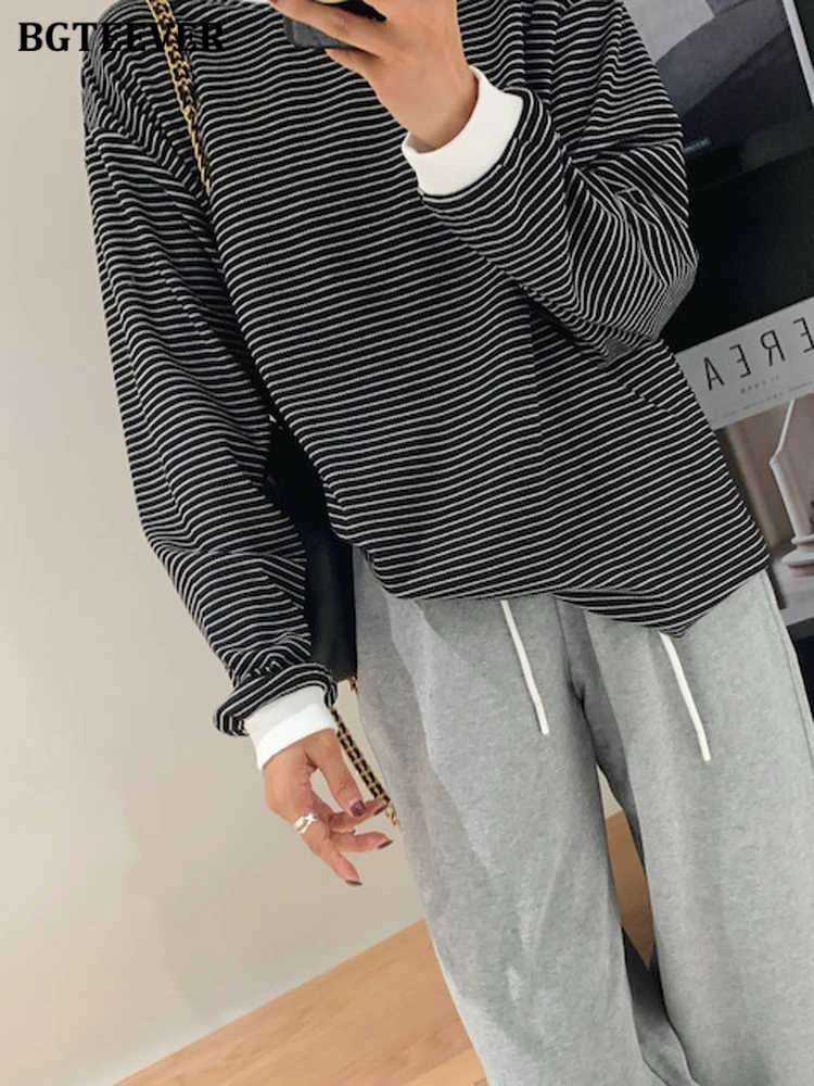 BGTEEVER Casual Loose O-neck Ladies Striped T-shirts Basic Long Sleeve Women Pullovers Tees Spring Female Sweatshirts Tops