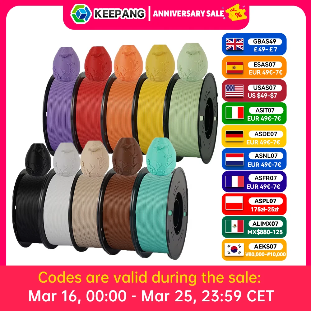 KEEPANG 5/10kg PLA Matte Filament 1.75mm Neatly Wound PLA Filament High Speed Print 1.1kg Multiple Colors 3D Printing Materials