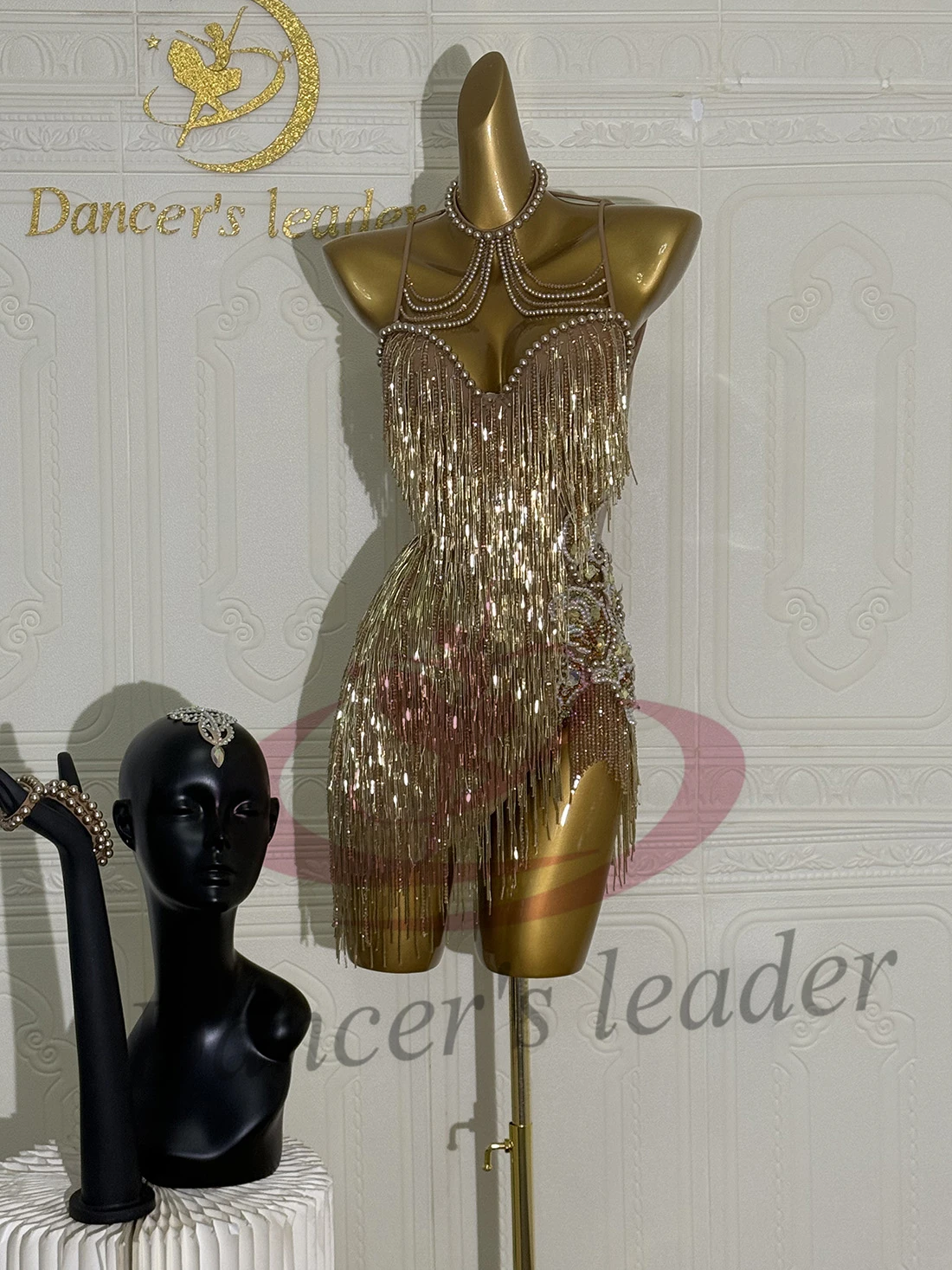 Vestido de baile latino para niños y adultos, piedra AB, tubo de perlas dorado personalizado de alta gama, borla de perlas, ropa de mujer Cha Tango