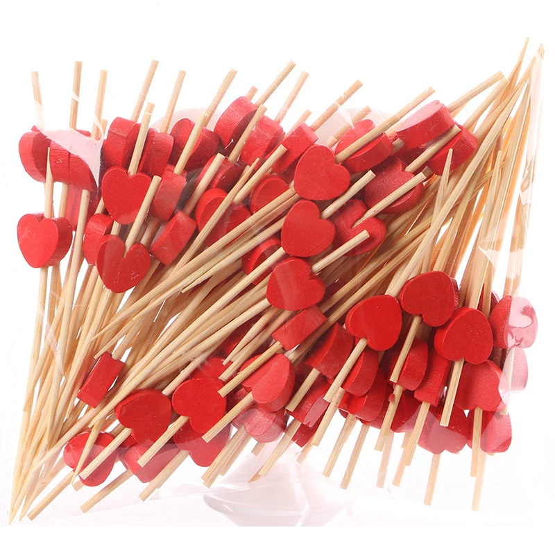 100pcs 12cm Heart Shaped Bamboo Pick Buffet Cupcake Fruit Fork Party Dessert Salad Stick Cocktail Skewer for Wedding Party Decor - view 2