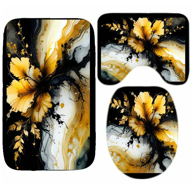 3D Luxury Abstract Black Gold Floral Marble Swirls Bath Rug Set for Bathroom Trendy Flower Motifs Toilet Mat Set 3PCS Home Decor