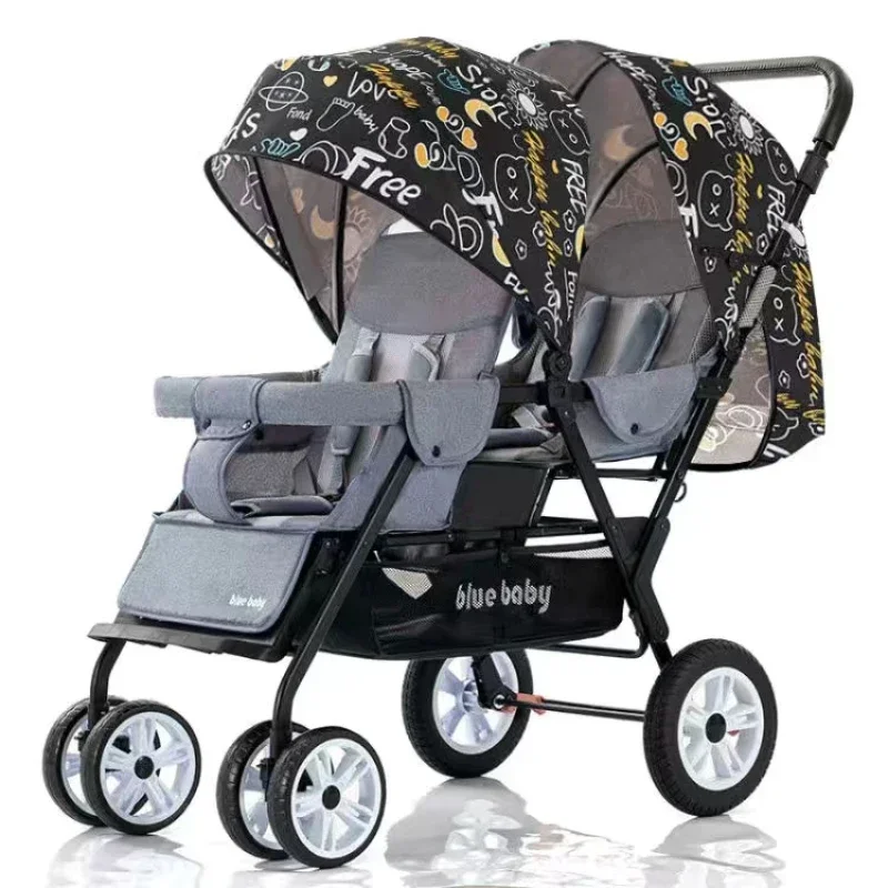 Cochecito de bebé gemelo ligero, carrito plegable, suspensión de paisaje alto, cochecito de bebé ajustable de cuatro ruedas