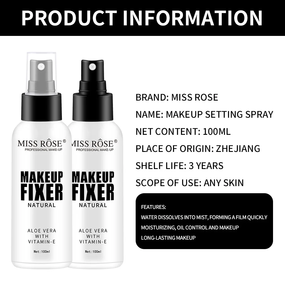 MISS ROSE Spray fissante multitasking Idrata i momenti Rafforza lozione fissante per il trucco Bottiglia smerigliata Spray fissante per trucco trasparente