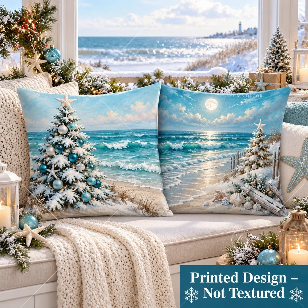 Coastal Christmas Pillow Cover 2D Flat Printed Peach Skin Tree Cushion Case Winter Holiday Decor For Living Room Sofa