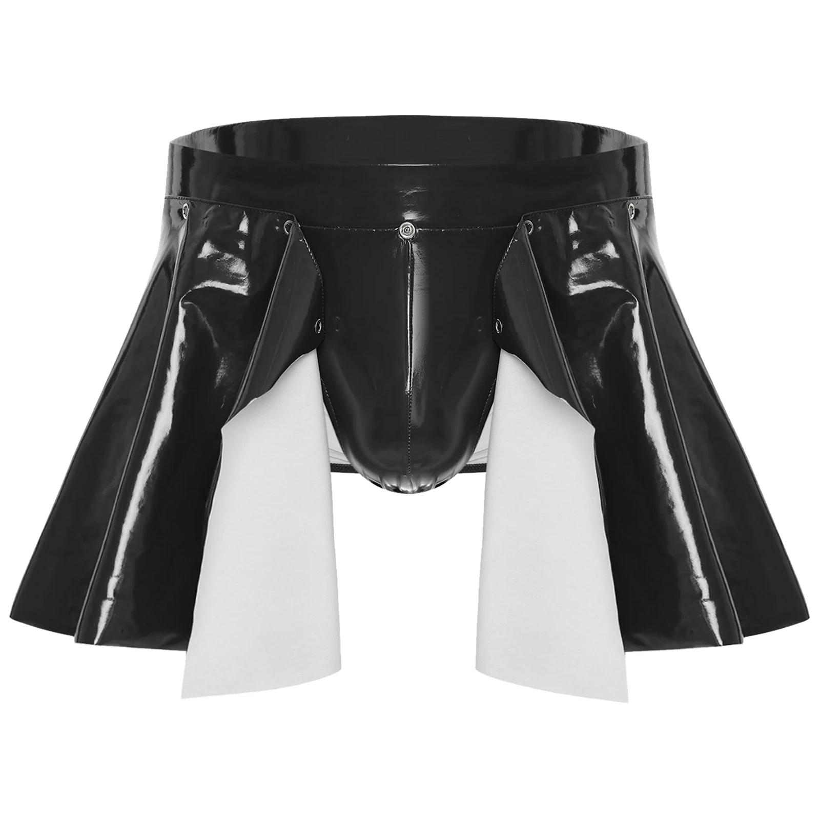 

Men Wet Look Leather Briefs Skirts Lingerie Press Buttons Removable Flare Mini Skirt for Underwear Cover for Role Play Costumes