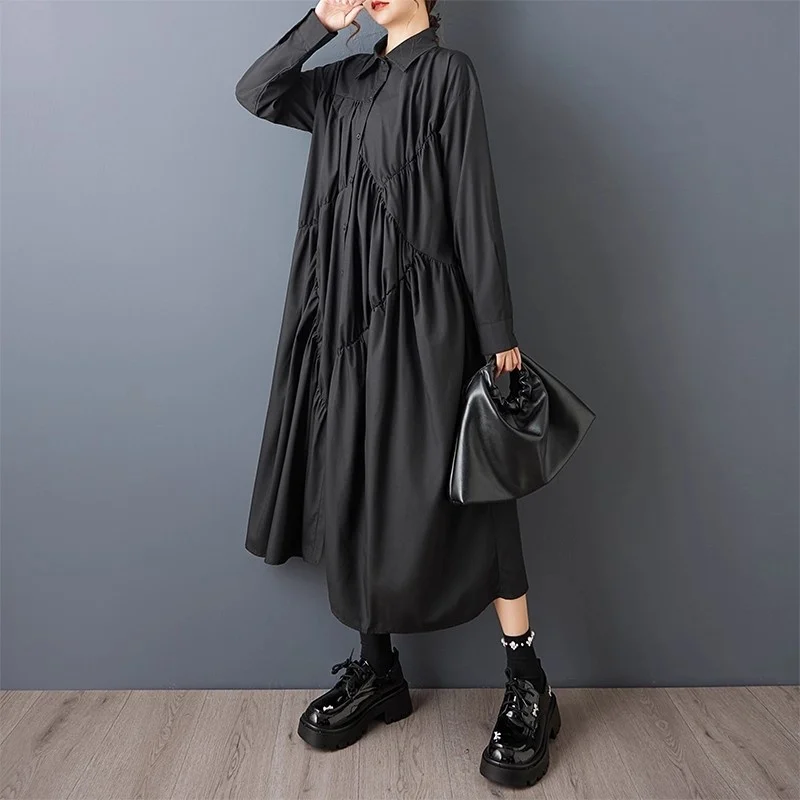 Spring And Autumn Shirt Dress Loose Dark Design With Irregular Wrinkle Splicing Temperament Single Breasted Robe W1632