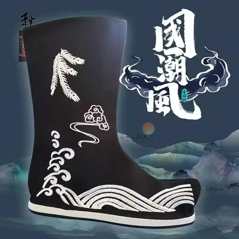 

Черно-белые китайские ботинки ханьфу, обувь воина на плоской подошве, старинная древняя тканевая обувь, фехтовальщик, косплей, киноиграем; 3,v'6.f;9,