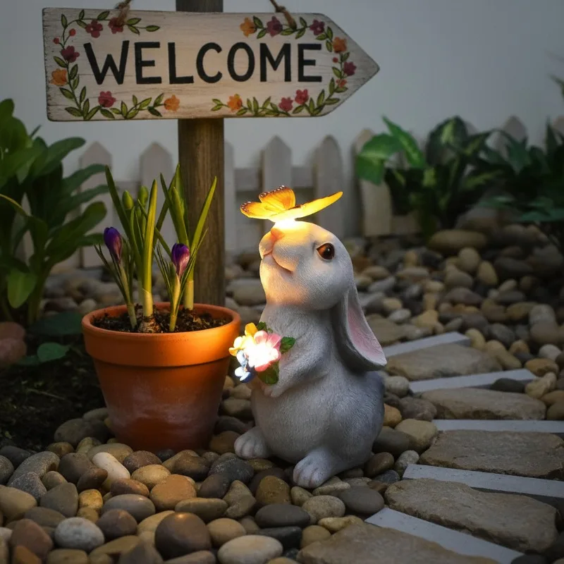 

Solar Powered Bunny Resin Sculpture Butterfly LED Light Animal Figurine for Outdoor Garden Yard Lawn Patio Home Decoration