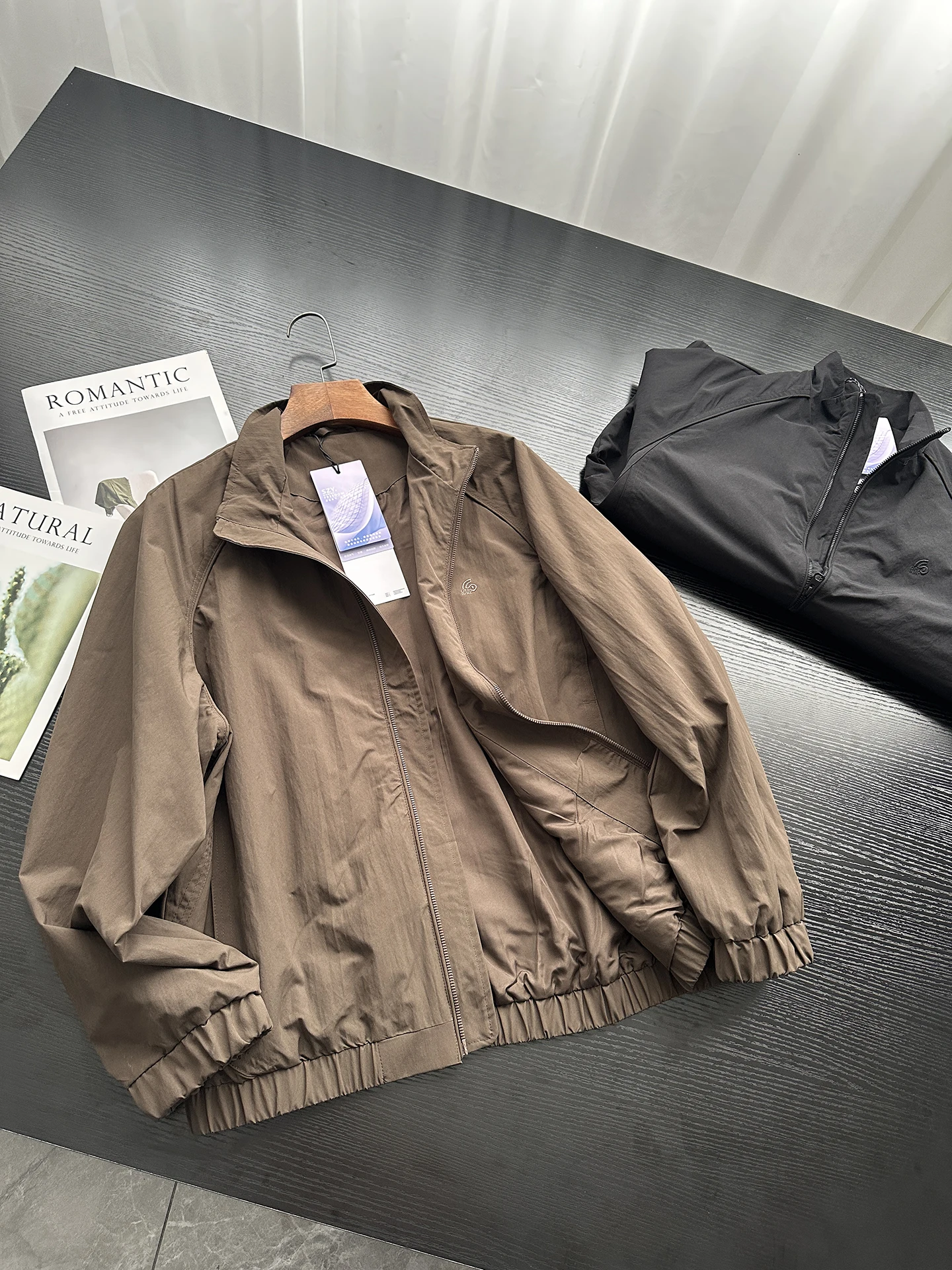 

American Style Loose Fit Men's Casual Jacket Zipper Decoration Polyester Fiber Lined Long Sleeve Stand Collar Coat