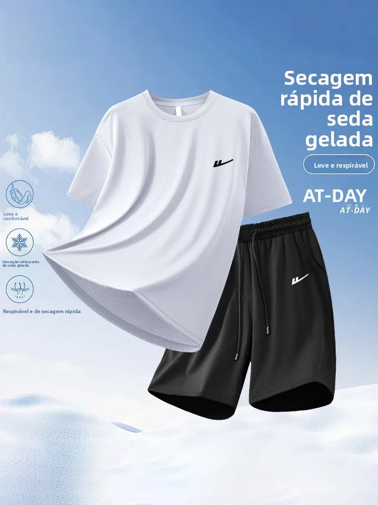 速乾アイスシルク体操スポーツウェアセット-メンズ-夏用通気性メッシュ半袖tシャツ-カジュアルショーツ-ポリエステル繊維