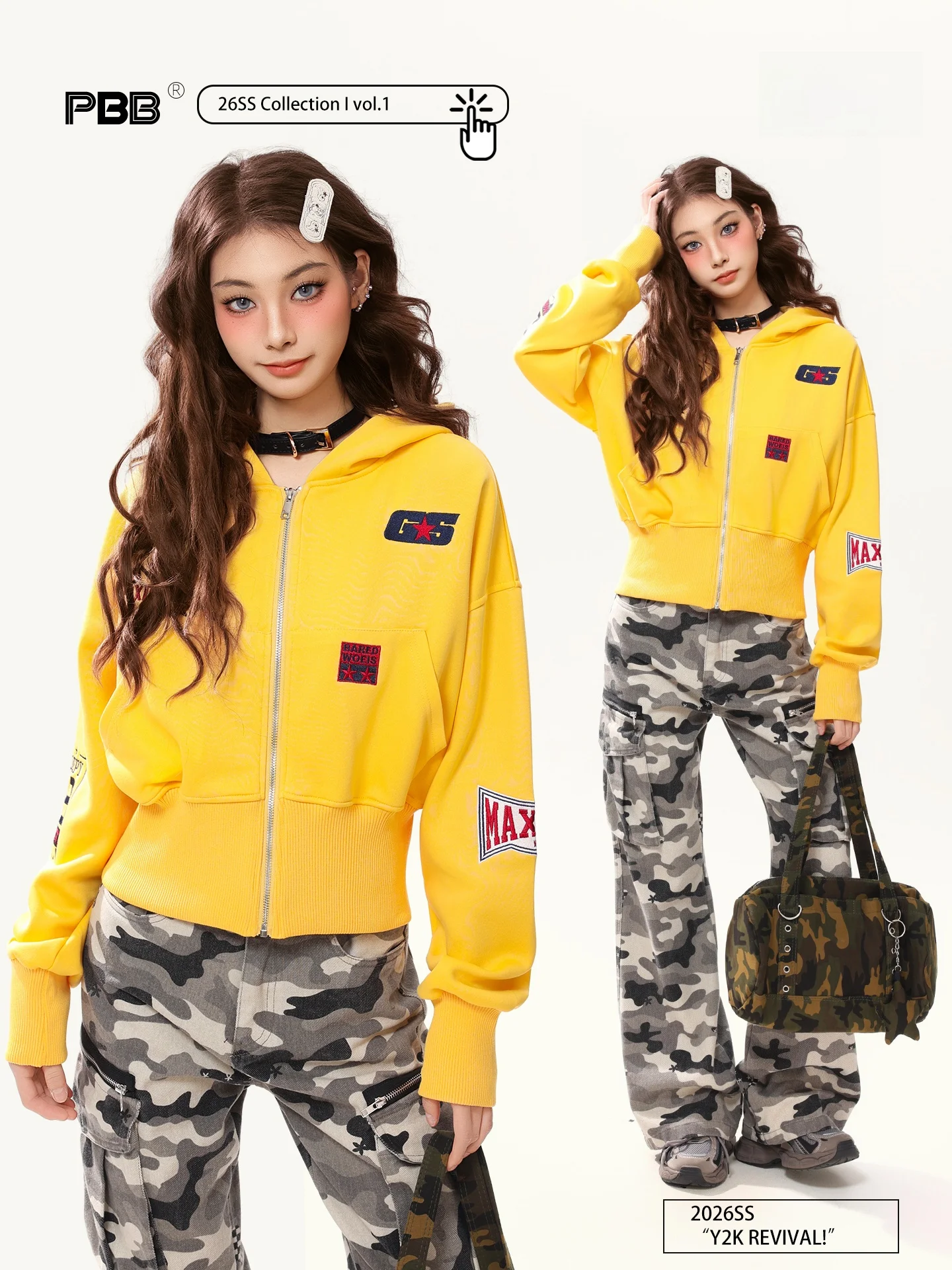 

Banana Yellow Embroidered Zipper Jaet Women's Early Spring Waist-Cinching Spicy Hoodie ort Sweatirt American Motorcycle...
