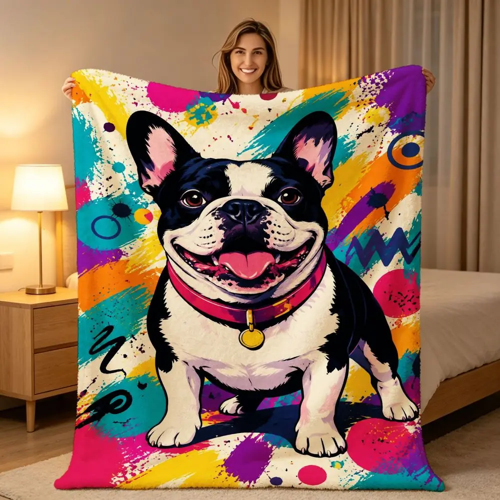 French Bulldog Graffiti Art Colorful Splash Paint Soft Cozy Throw Blanket for Sofa Bed Modern Vibe