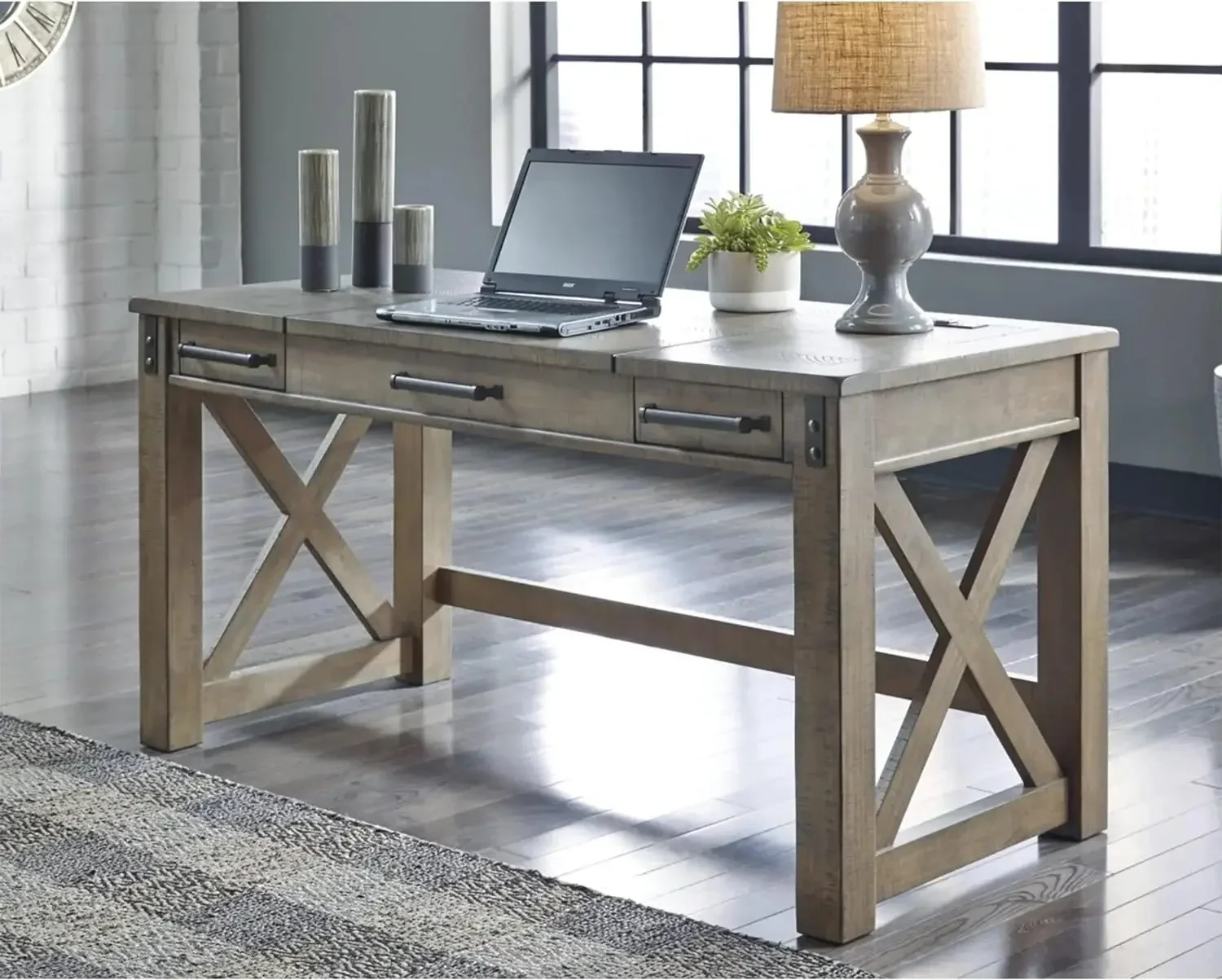 Aldwin Rustic Farmhouse 60" Home Office Lift Top Desk with Charging Ports, Distressed Gray