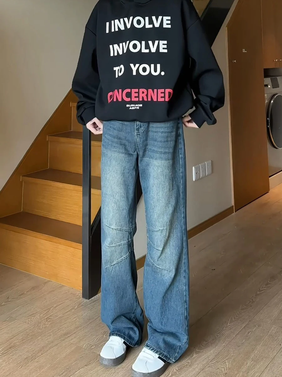 

Blue Waed Denim Jeans Men's Autumn Winter American High Street Pleated Straight Loose Pants Cleanfit Haome Jeans