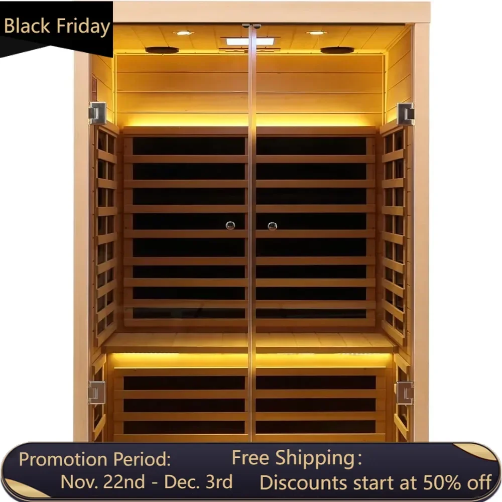 Hemlock 2 Person Low EMF Far Infrared Sauna, Home Indoor Sauna, Luxury Tempered Glass Doors, 1780w, App & LCD Panel Control