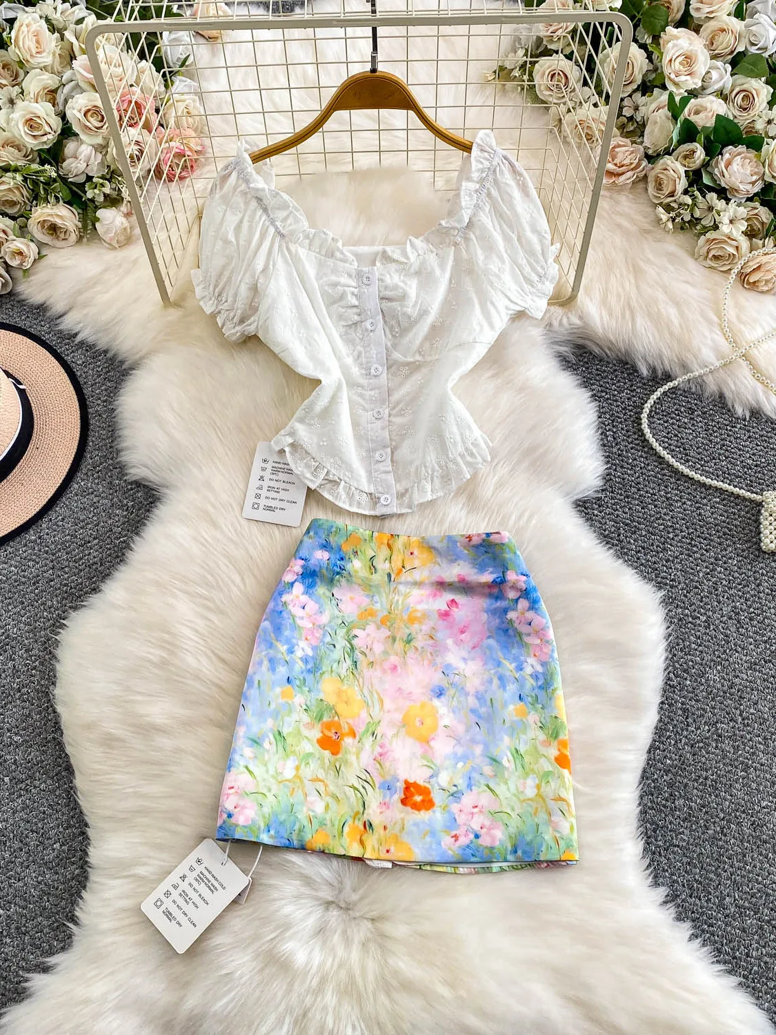 

Юбка Ele с кружевной вышивкой и цветочным принтом, комплект из двух предметов, облегающий дизайн с квадратным воротником, зимняя модная женская одежда