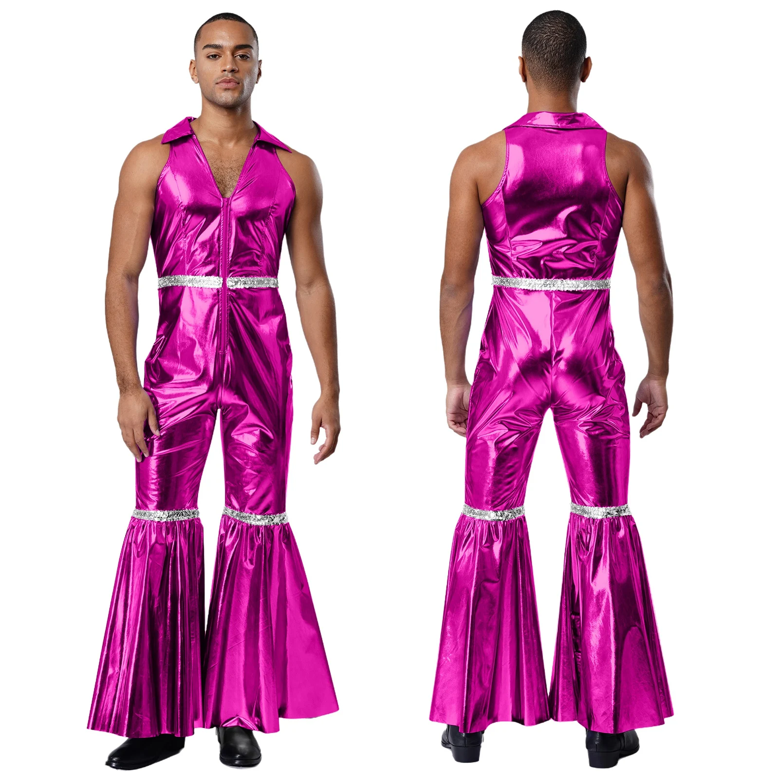 

Мужской и женский комбинезон 70-х годов в стиле диско-хиппи без рукавов, металлический блестящий контрастный цвет, расклешенное боди для Хэллоуина, карнавала, клубной одежды