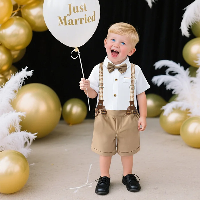 

Boys Suspender Pants 2 Piece Set Summer Outfit Baby Gentleman Suit British Style Kids Formal Clothes for Toddler Party Wedding
