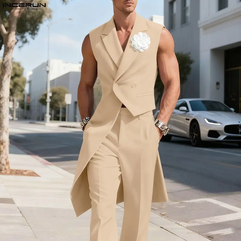 

INCERUN Men Irregular Blazer Flower Patchwork Sleeveless Male Suit Streetwear Elegant Fashion Casual Long Style Blazer Coats Men