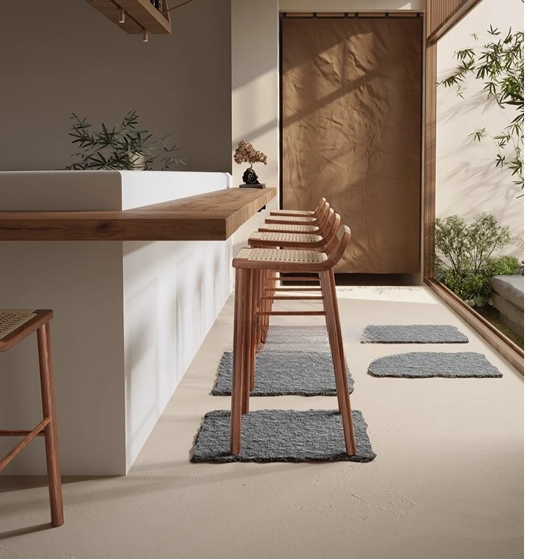 

Nordic solid wood bar chair designer home woven wabi wind medieval high stool Japanese bar chair Song style aesthetics