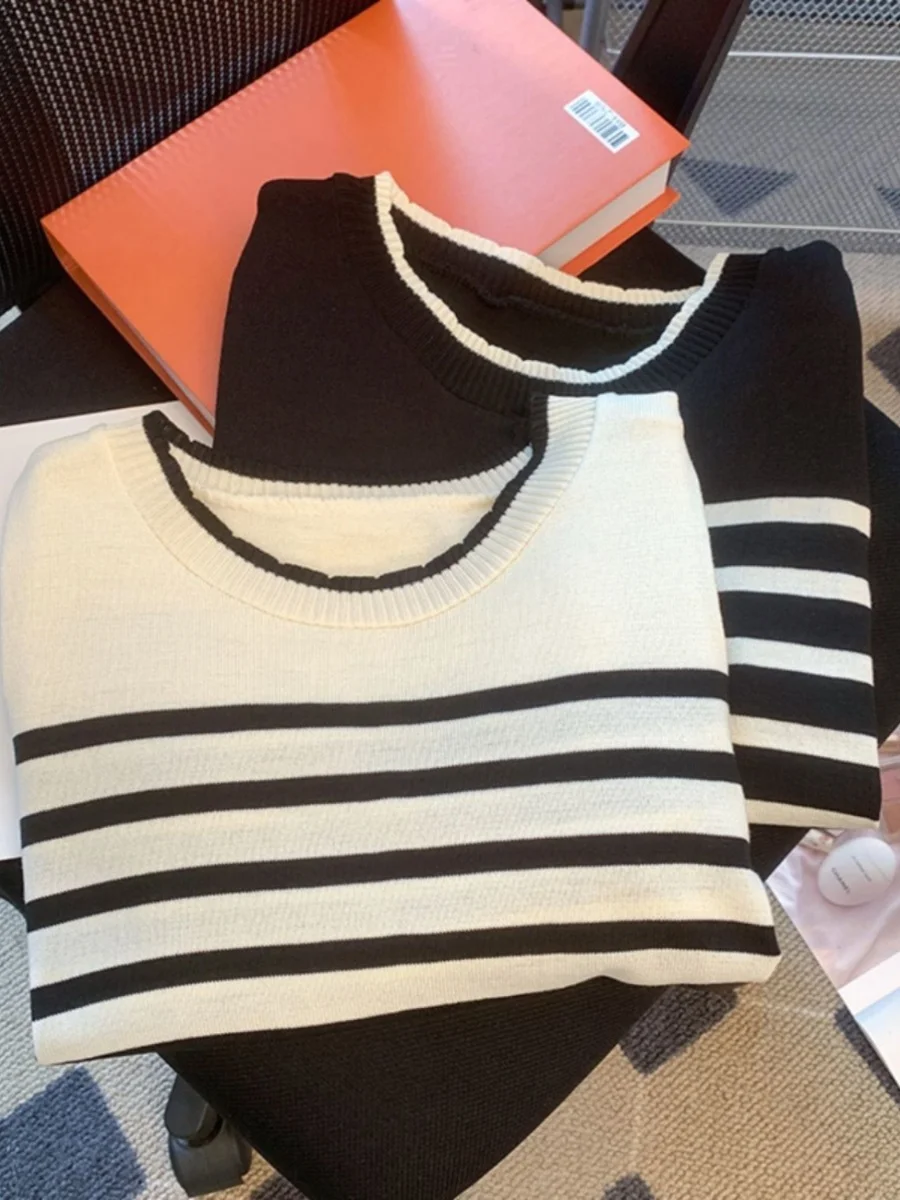 2025 Women Fashion Striped Basic Cropped Knit Sweater Vintage O Neck Short Sleeve Female Pullovers Chic Tops