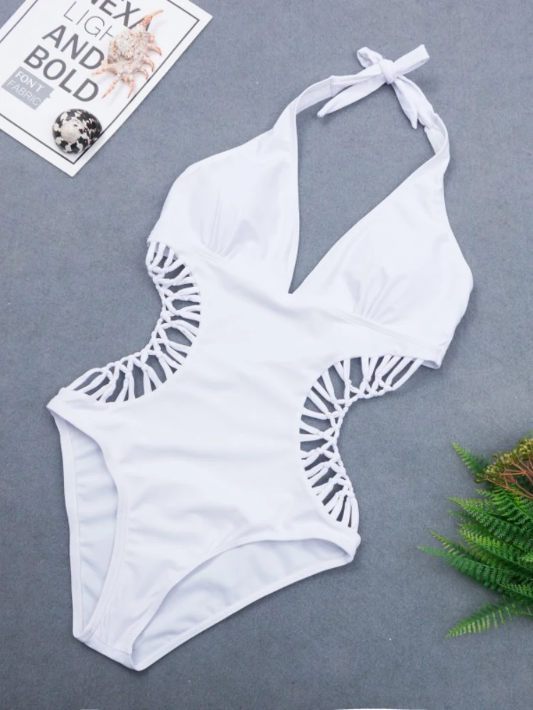 2022 Sexy White Halter Cut Out Bandage Trikini Swim Bathing Suit Monokini Push Up Brazilian Swimwear Women One Piece Swimsuit