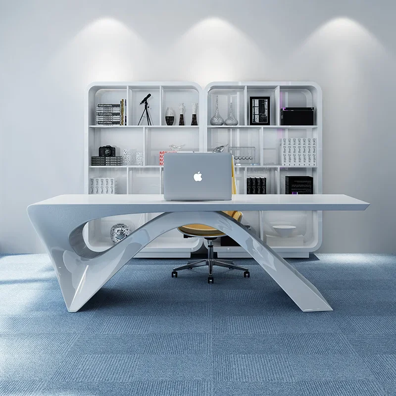 

Creative office desk, white paint, minimalist modern beauty salon lobby, fashionable boss desk, president desk