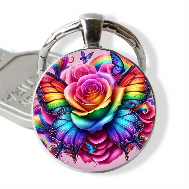 

2PCset European-style explosive keychain, magical and beautiful colorful flower pattern glass keychain personalized pendant