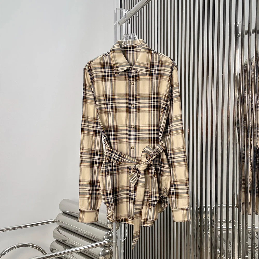 بلوزات نسائية منقوشة من القطن 100% بربطة خصر بسيطة وأنيقة للركاب قميص غير رسمي لخريف وشتاء 2025 وصل حديثًا Y2K #1