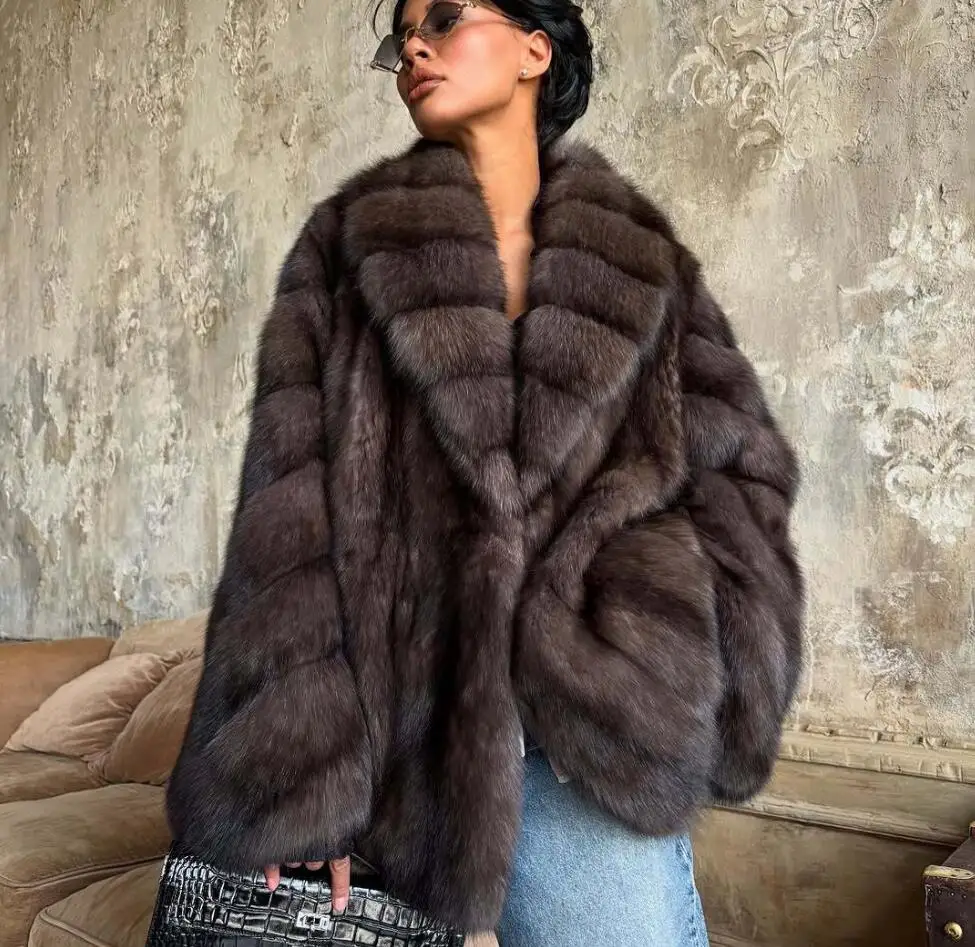 Women's Elegant Fake Fur Jacket Fashion Winter New Sleeve Bell Lapel Long Sleeve Coat Luxury Daily High Street Lady Outwear
