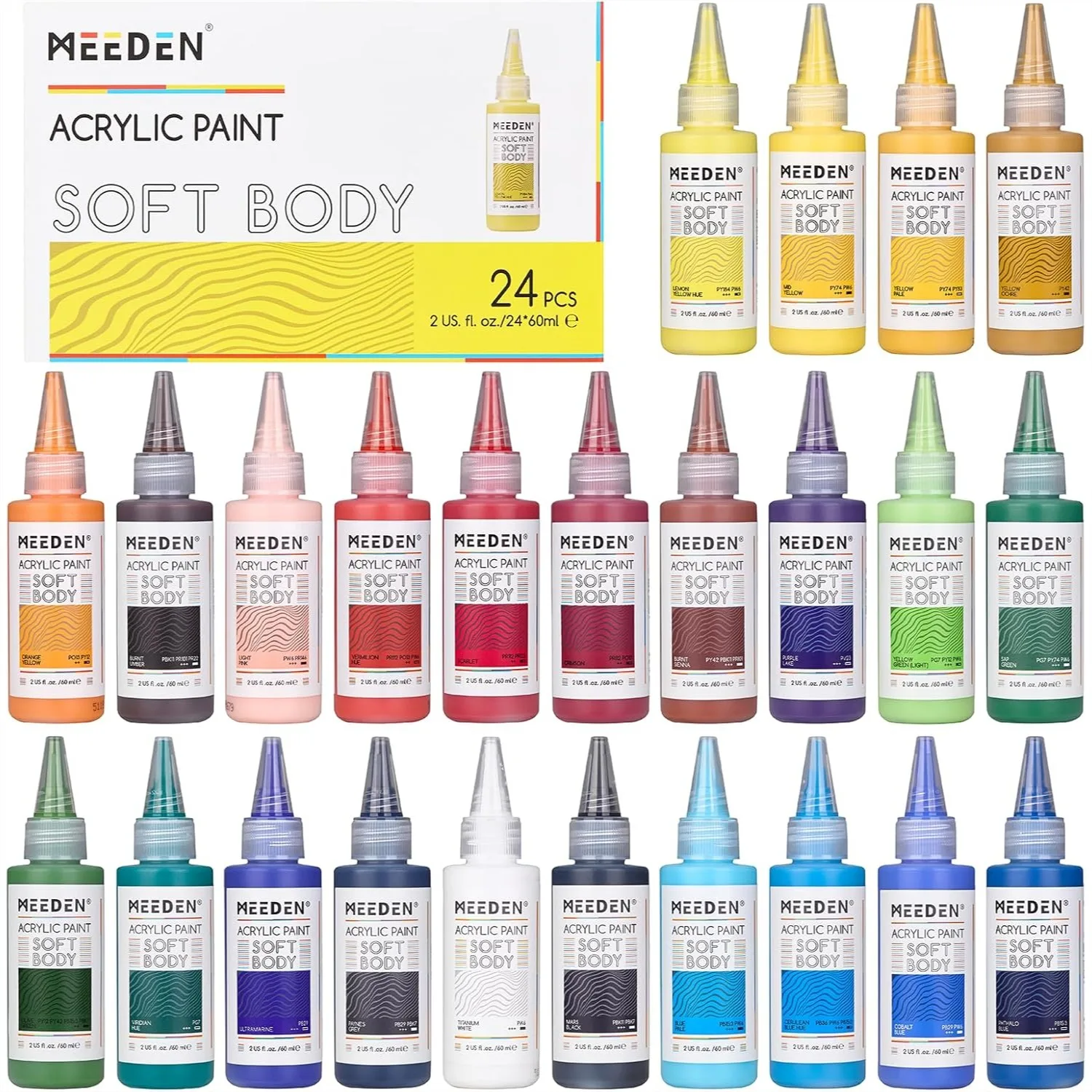 

Soft Body Acrylic Paints Set 24 Colors x 60ml with Matte Finish for Canvas Wood Glass Painting Students Adults