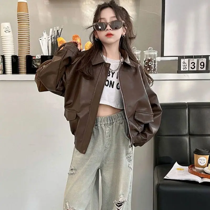 Teenager Girls Leather Jacket Autumn Winter Children PU Fashion Crop Top Windproof Kids Coats Brown Trendy Outerwear 4 -14 Years