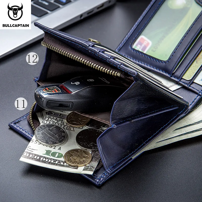 Bullcaptain 남성용 지갑 Rfid 빈티지 정품 가죽 지갑 남성용 신용 카드 소지자 지갑 돈 가방 지갑 남자 ﻿