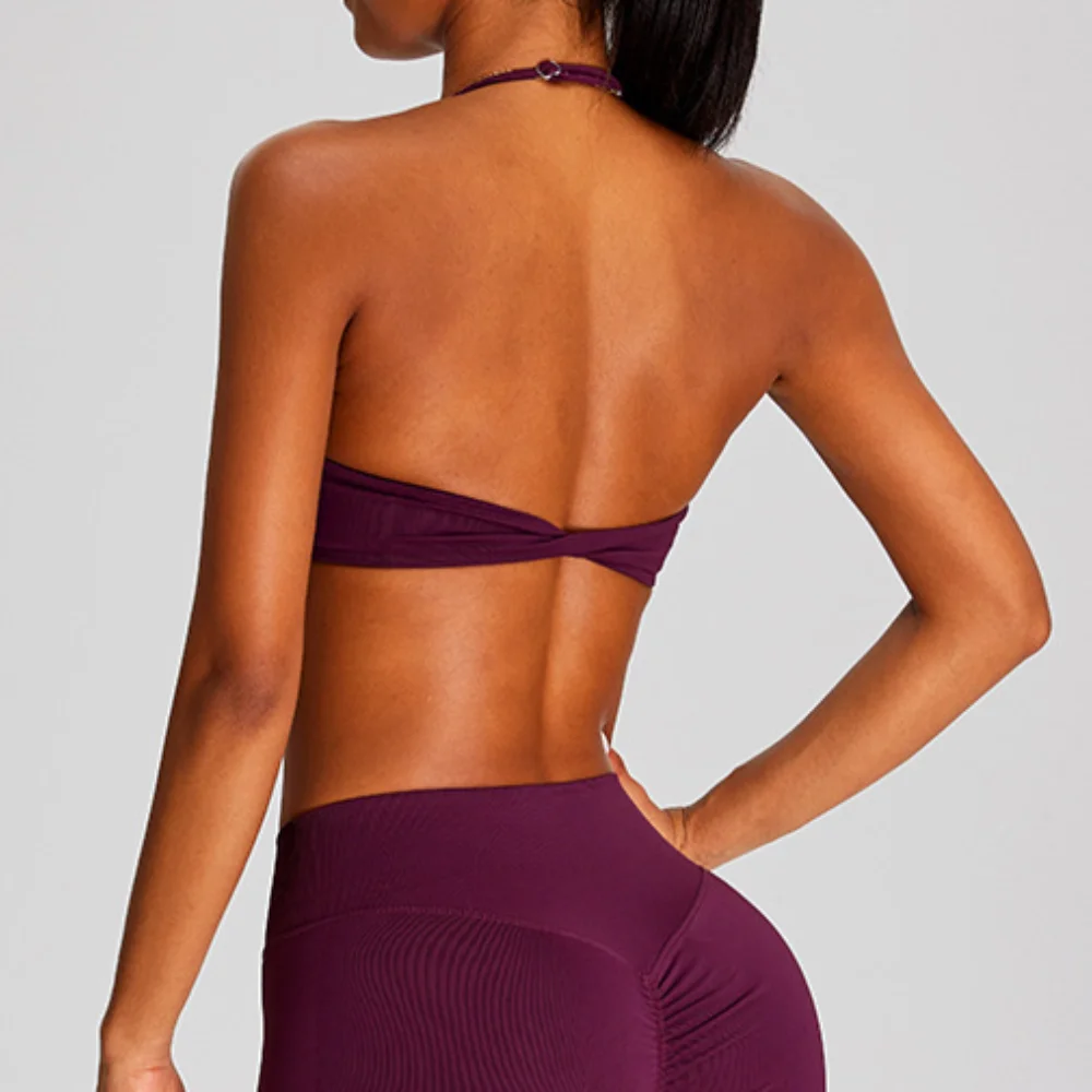 Women's Yoga Bra Fitness Vest Top Running Workout Gym Underwear Push Up Seamless Halter Deep V Backless Padded Tank Solid Ribbed