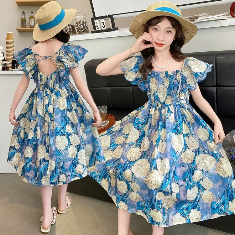 summer teen girls floral dress junior childrens princess dresses Lotus leaf sleeve cinched waist beach long skirt 4 6 8 10 12 14