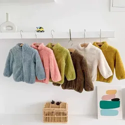 Child Autumn Winter Costume Solid Color Outerwear Casual Loose Long Sleeve Tops Plush Jacket Boys Girls Fashion Simple Coats