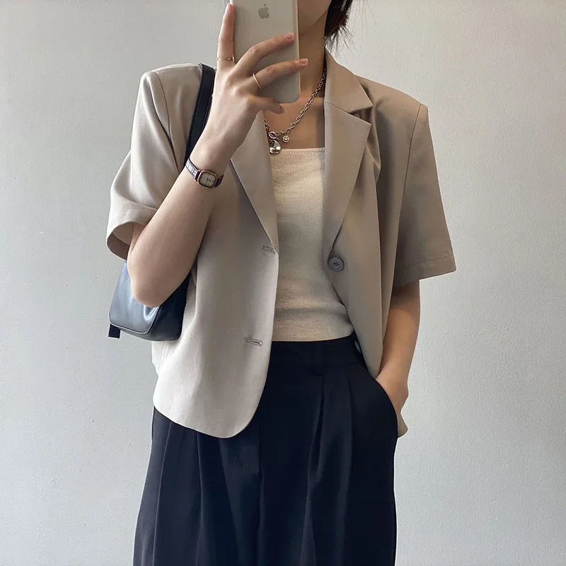 Biyaby Short Sleeve Blazers Woman Spring Summer Solid Color Single Breasted Suit Jacket Women Korean Simple Classic Coat Ladies