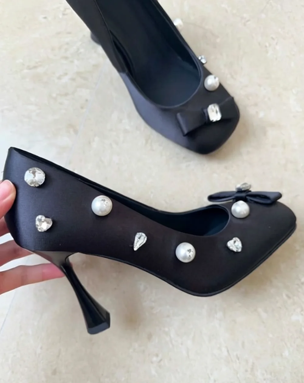

Black Satin Square-Toe Stilettos High Heels with Pearl Crystal Embellishments Front Bow Rhinestone Elegant Evening Style