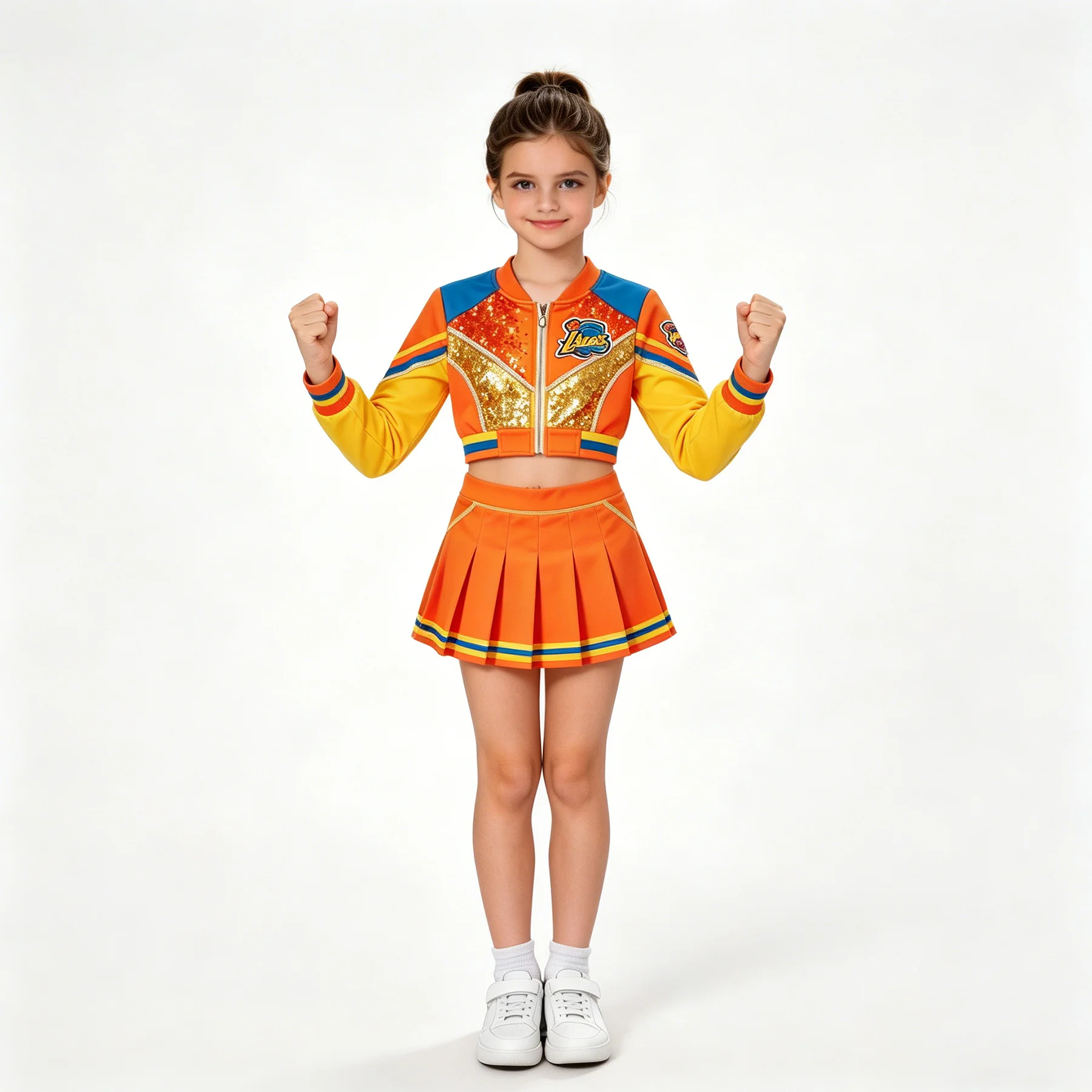 

Kids Girls Cheerleading Costume Sparkly Sequin Crop Jacket Pleated Skirt Set Long Sleeve Cheer Uniform Outfit Sports Performance