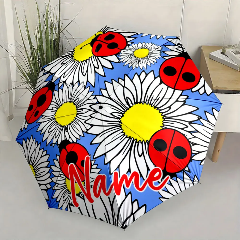 Custom Name Colorful Umbrella with Ladybugs and Flowers Design Print 8 Iron Ribs Folding Umbrella Auto-Open Fashion Sunshade