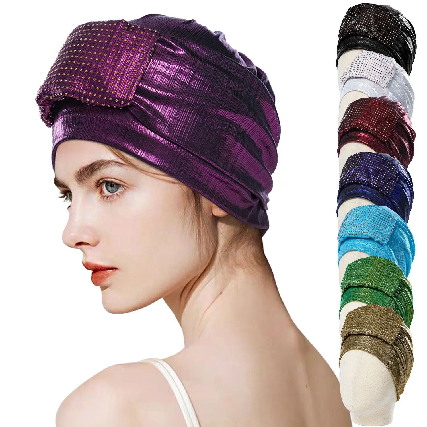 

Diamonds Muslim Hijab Women African Auto Gele Headtie Nigeria Wedding Party Headgear Bonnet Turban Cap Head Wrap Turbante Mujer
