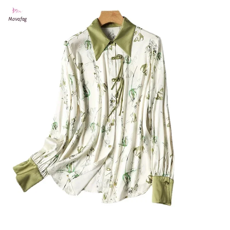 New 2024 Satin Surface Summer Women\'s Blouse Casual Fashion Simplicity Tops Flower Print Turn-down Collar Long Sleeved Shirt