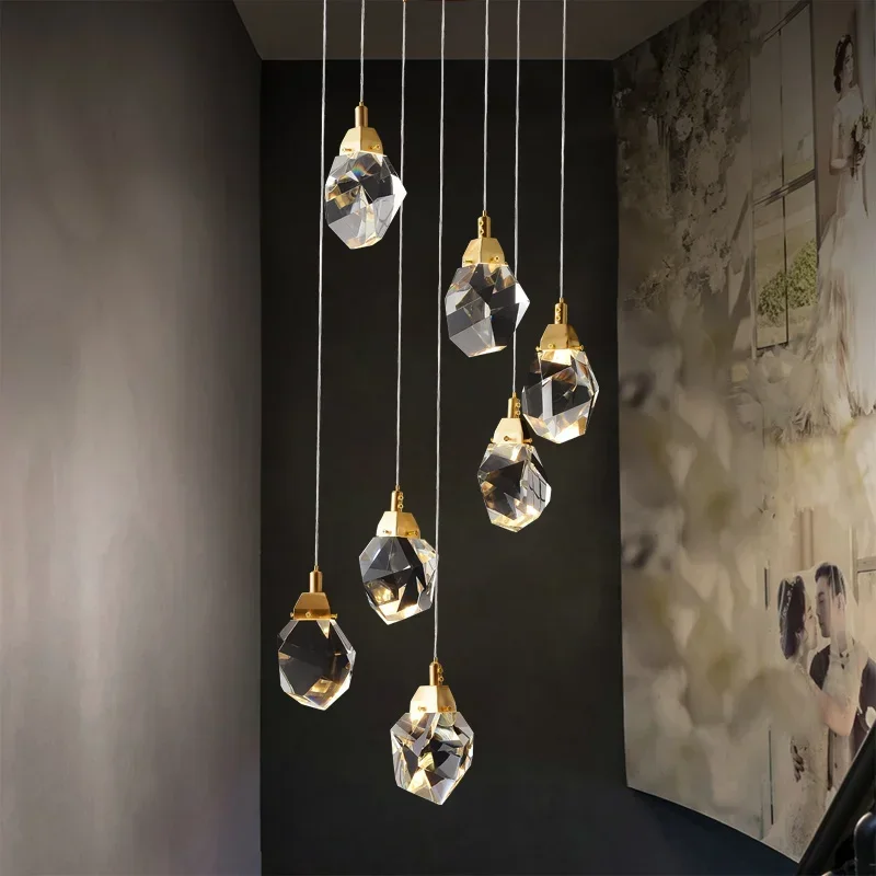 

Large Crystal Chandelier Staircase Gold Led Lustres Living Room Luxury Diamond Golden Home Kitchen Decor Led Lamp Pendant Light