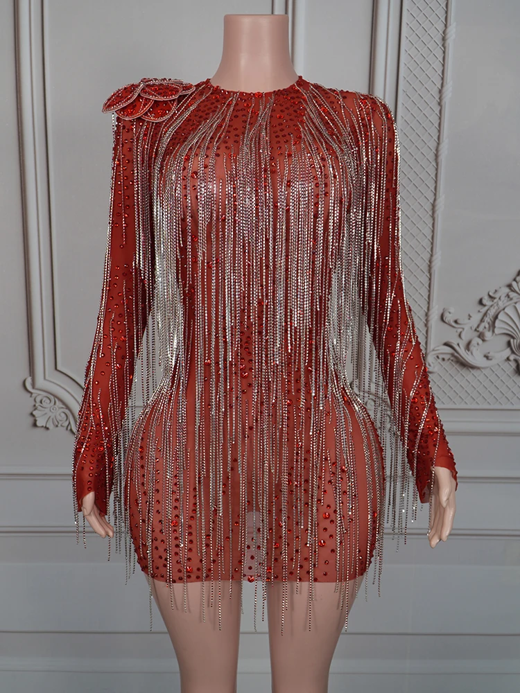 Zwarte Fringe Prestaties Jurk Sexy Backless Lange Mouwloze Jurken Zanger Stadiumkostuum Nachtclub Bar Party Rave Outfit 4461
